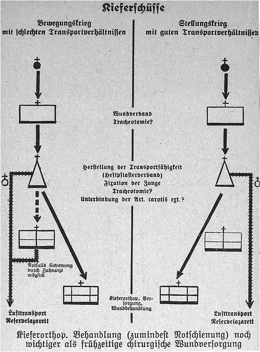Schematische Darstellung des Verwundetentransports bei Kieferschüssen